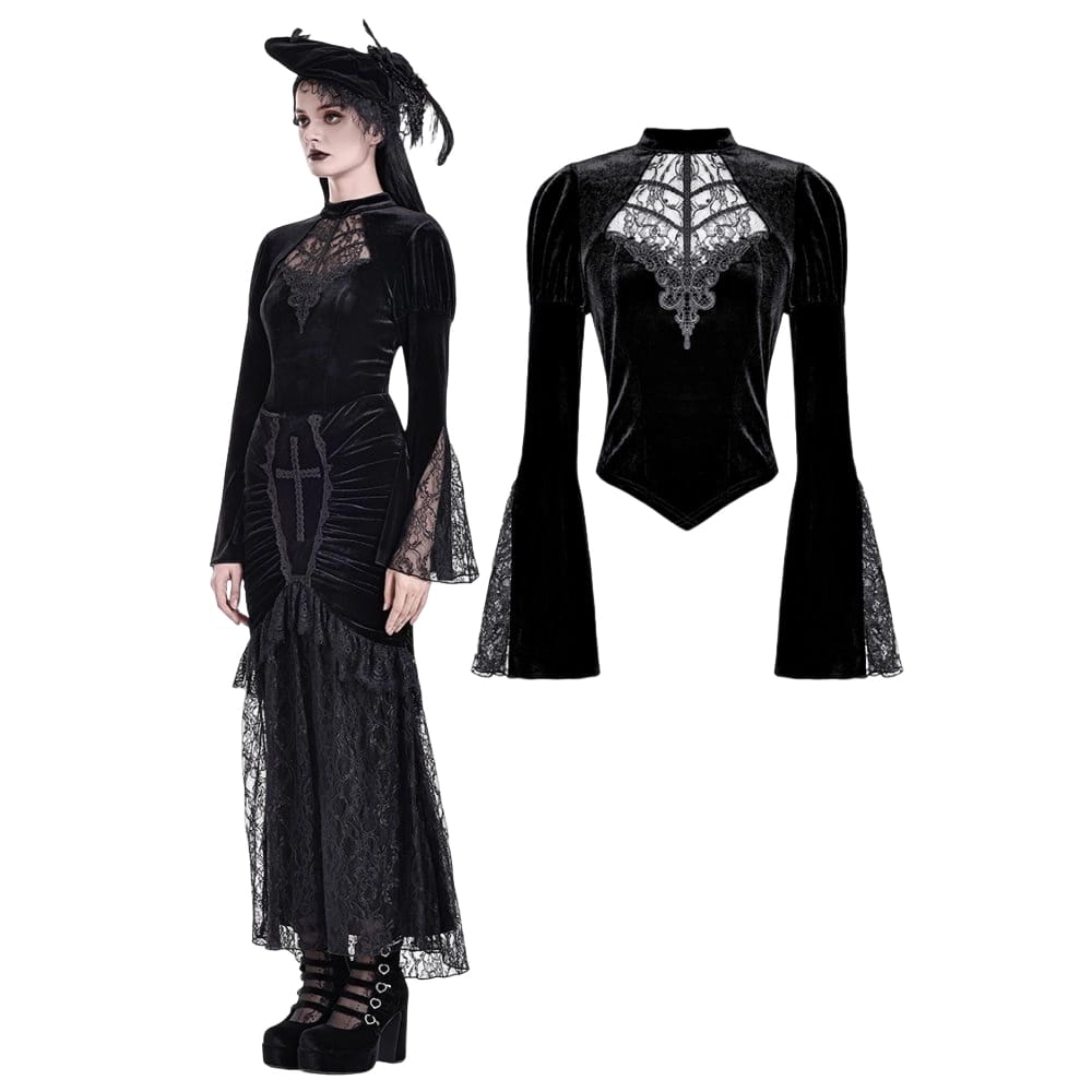 Darkinlove Women's Gothic Lace Applique Mock Neck Flare Sleeve Velvet Top