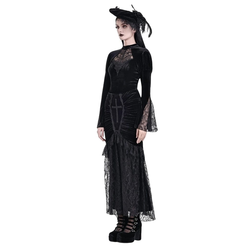 Darkinlove Women's Gothic Lace Applique Mock Neck Flare Sleeve Velvet Top