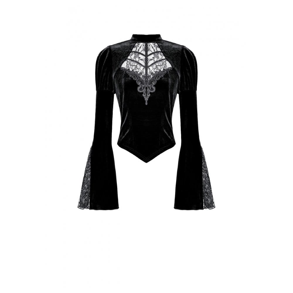 Darkinlove Women's Gothic Lace Applique Mock Neck Flare Sleeve Velvet Top