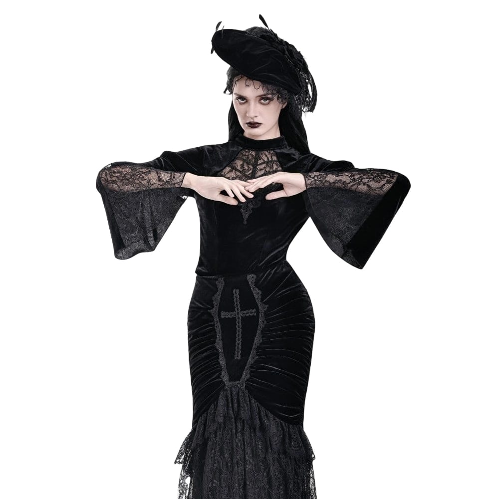 Darkinlove Women's Gothic Lace Applique Mock Neck Flare Sleeve Velvet Top