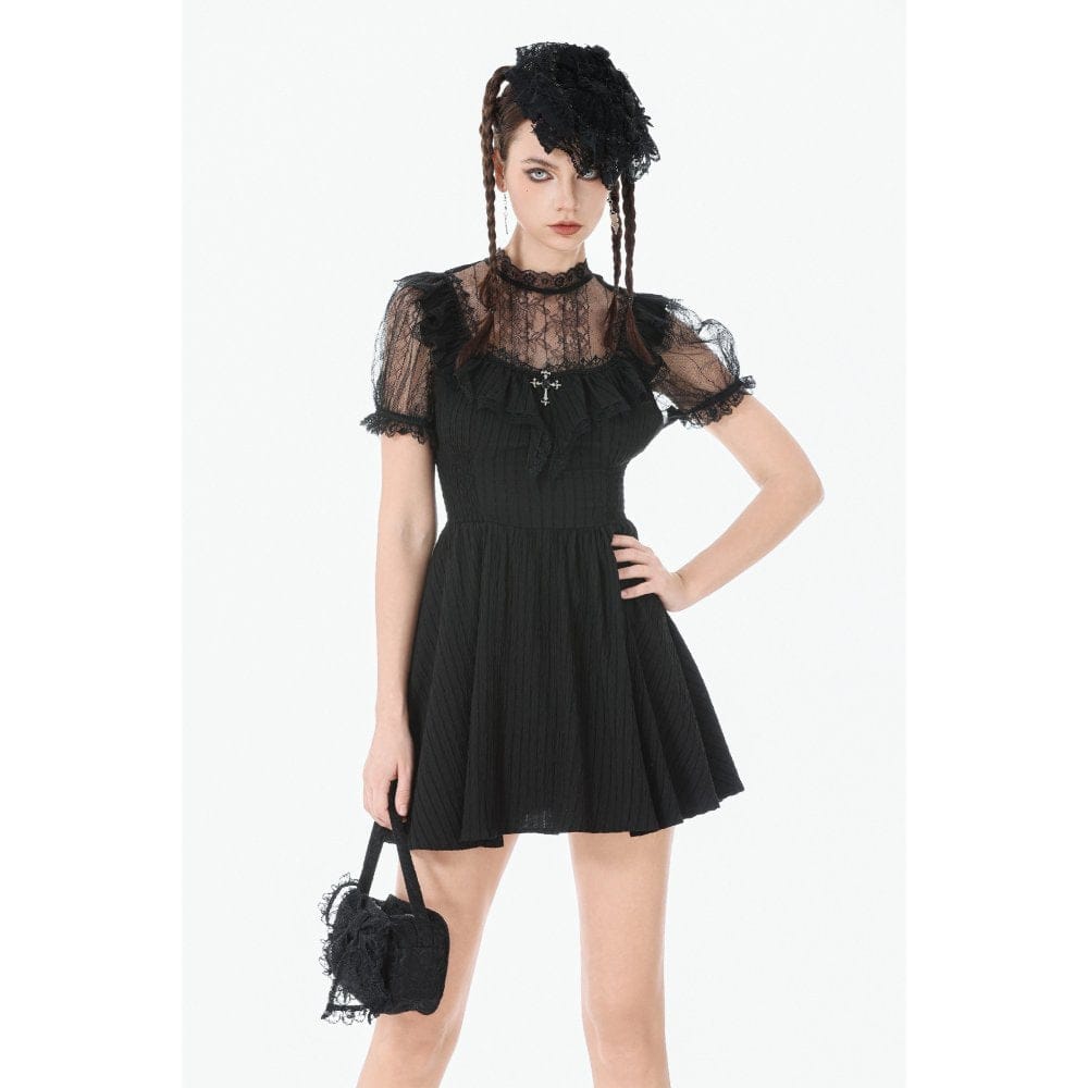 Darkinlove Women's Gothic Lace Cross Ruffled Short Sleeved Dress