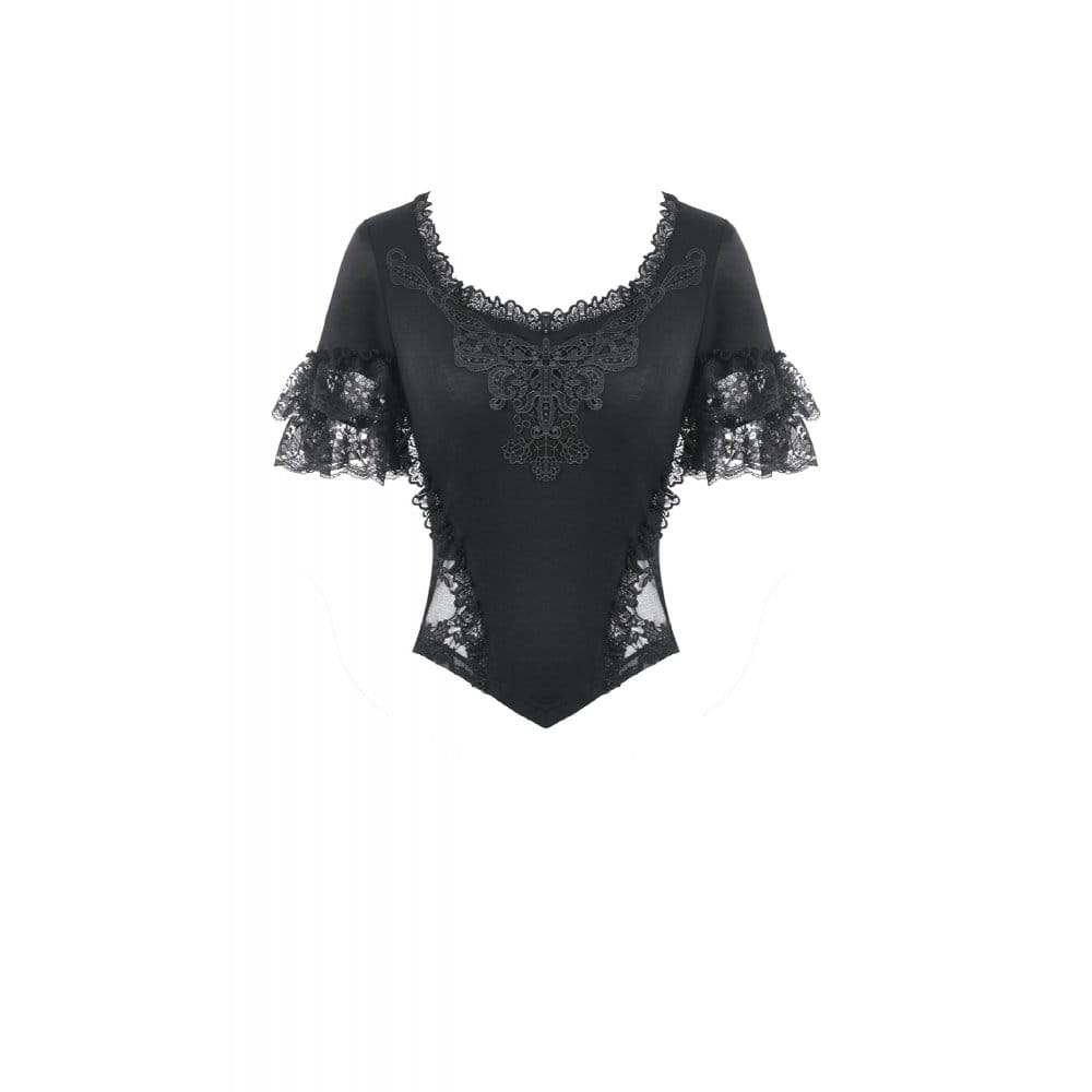 Darkinlove Women's Gothic Lace Embroidered Square-cut Collar Short Sleeve Top