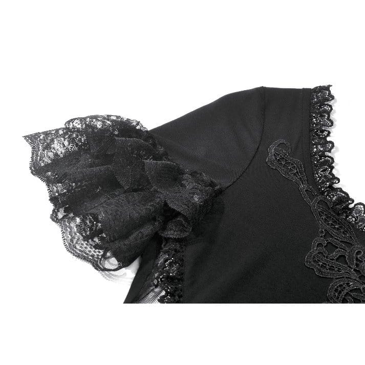 Darkinlove Women's Gothic Lace Embroidered Square-cut Collar Short Sleeve Top