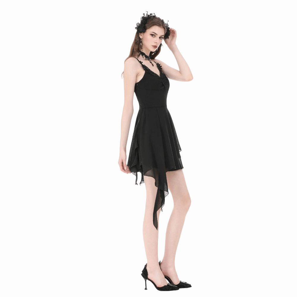 Darkinlove Women's Gothic Lace Embroidered V-Neck Asymmetric Slip Dress