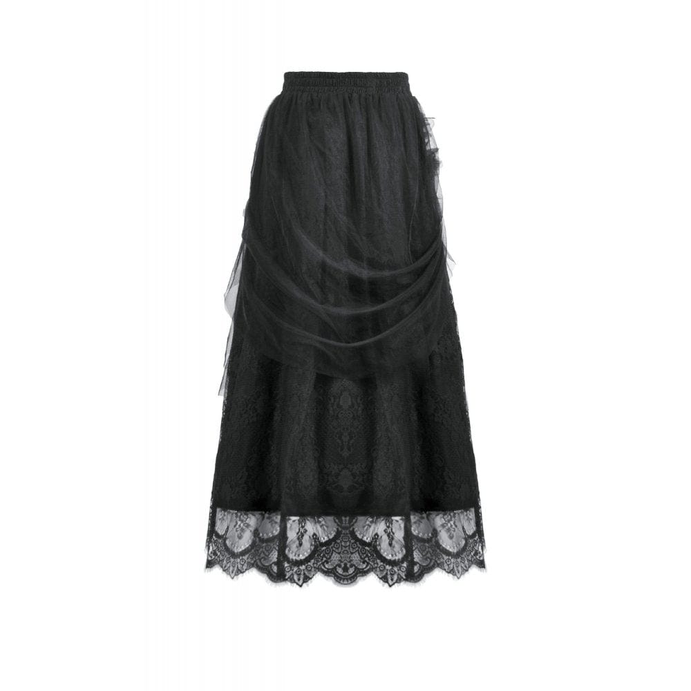 Darkinlove Women's Gothic Lace Floral Pleated Tulle Long Skirt