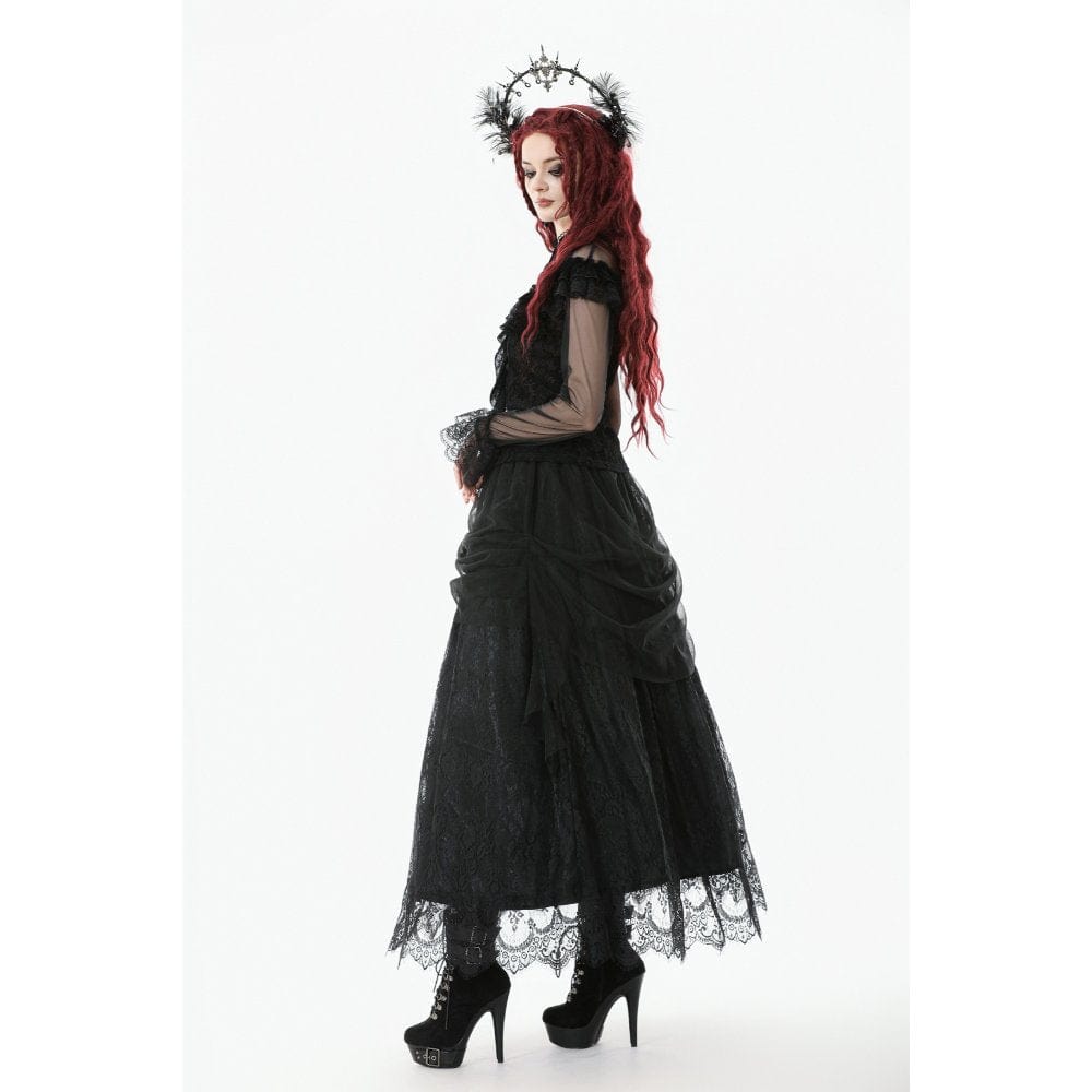 Darkinlove Women's Gothic Lace Floral Pleated Tulle Long Skirt