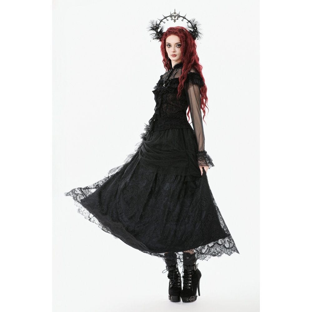 Darkinlove Women's Gothic Lace Floral Pleated Tulle Long Skirt