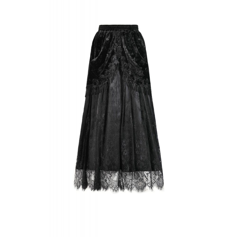Darkinlove Women's Gothic Lace Floral Tassel Maxi Skirt