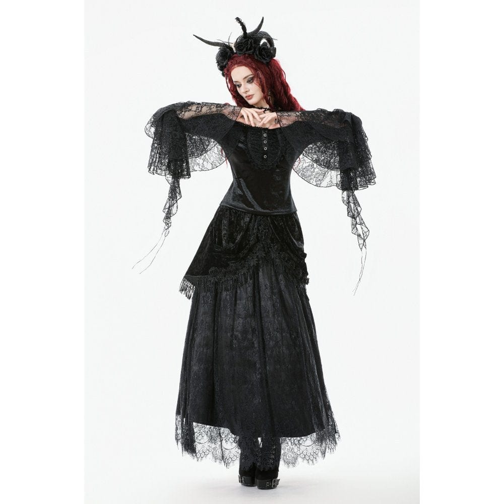 Darkinlove Women's Gothic Lace Floral Tassel Maxi Skirt