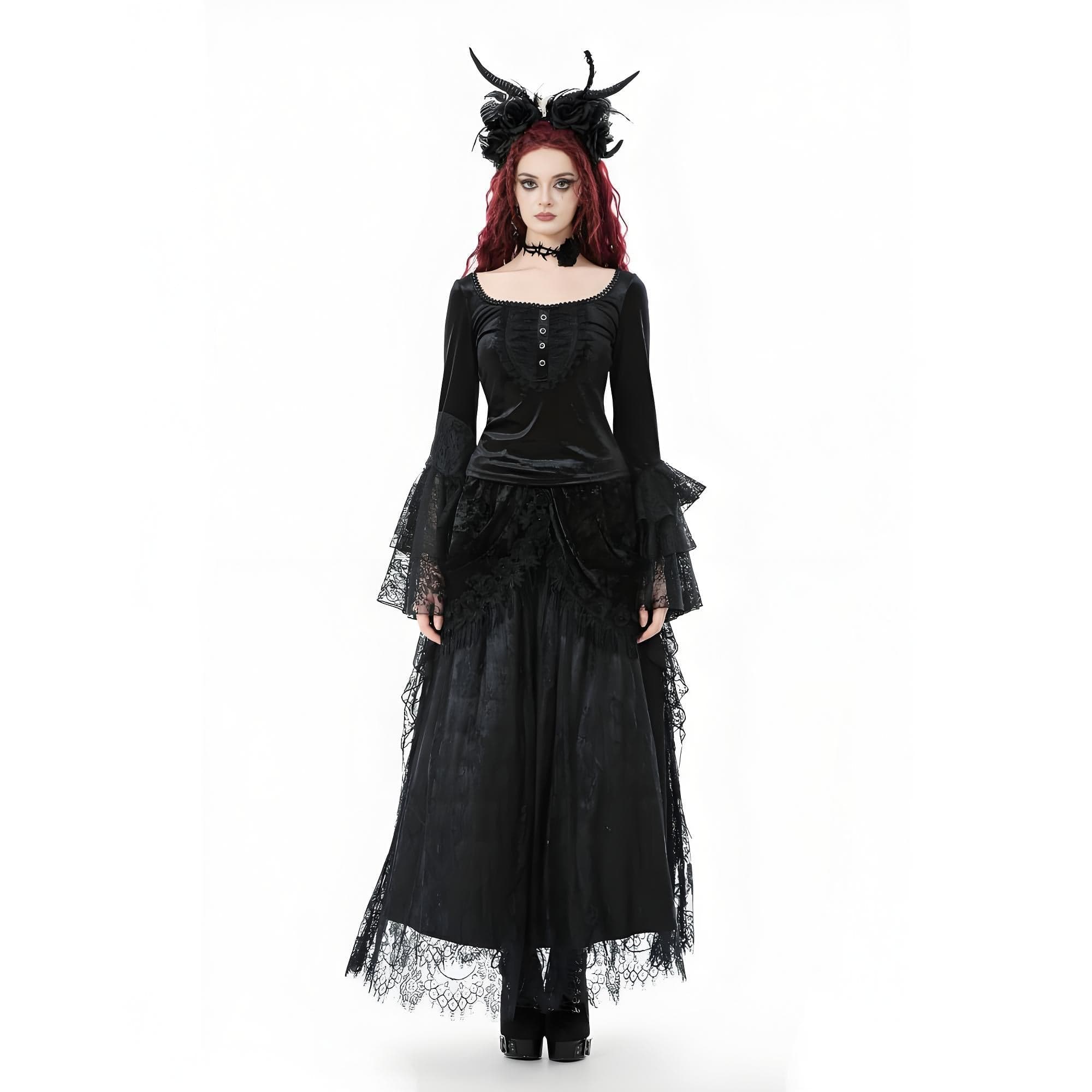 Darkinlove Women's Gothic Lace Floral Tassel Maxi Skirt