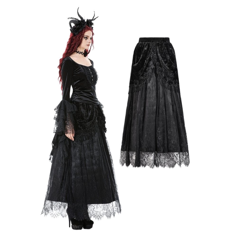 Darkinlove Women's Gothic Lace Floral Tassel Maxi Skirt