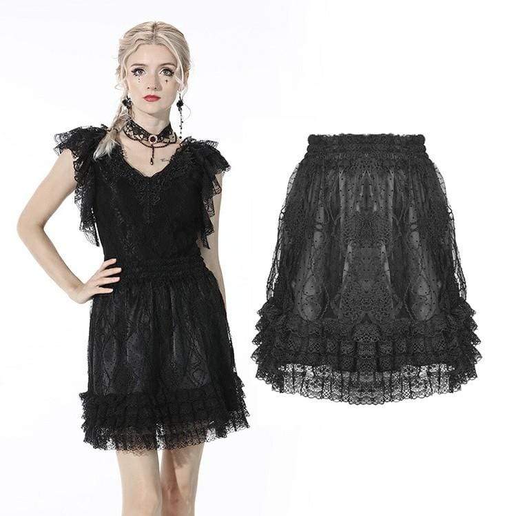 Darkinlove Women's Gothic Lace Layered Black Short Skirt