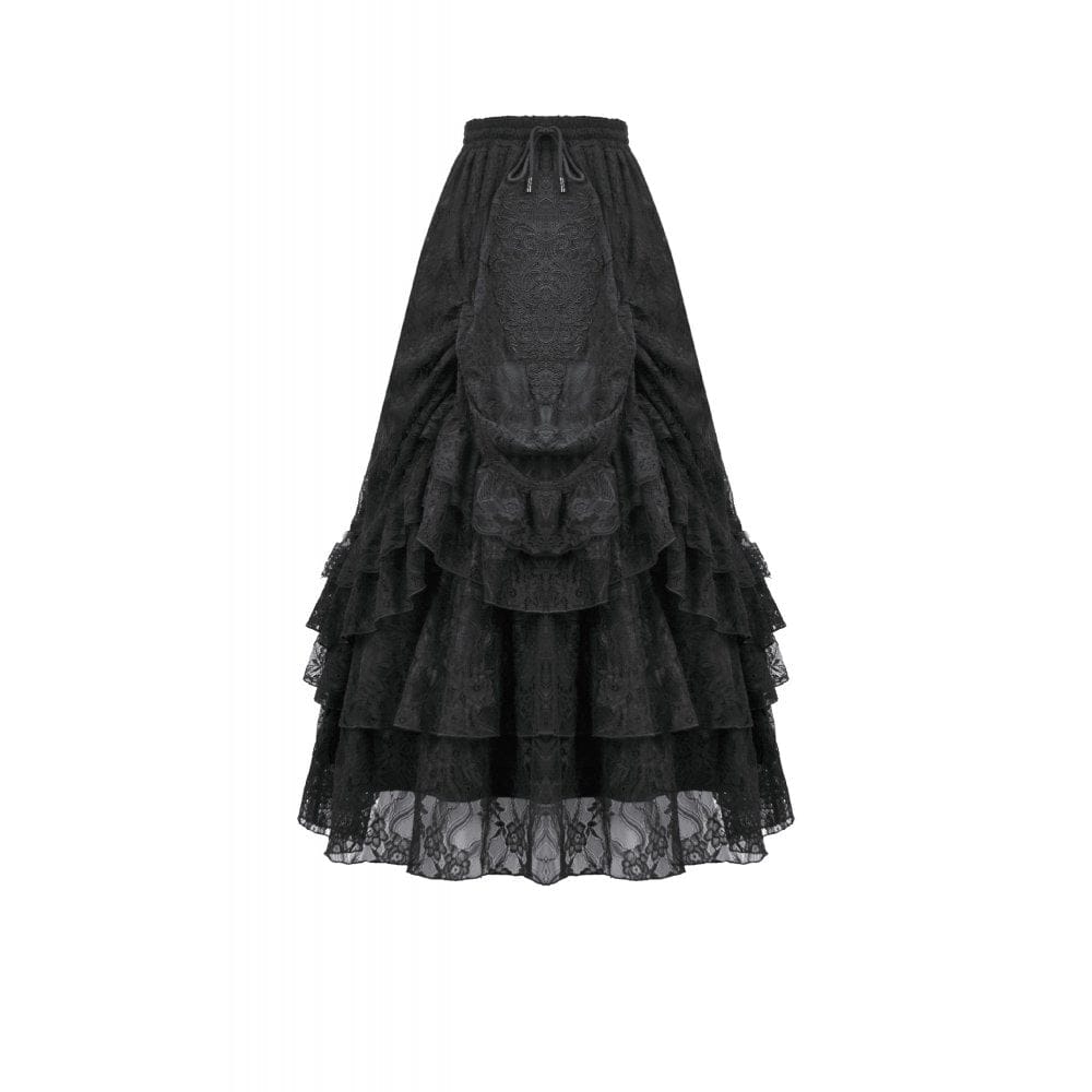 Darkinlove Women's Gothic Lace Layered Ruched Maxi Skirt