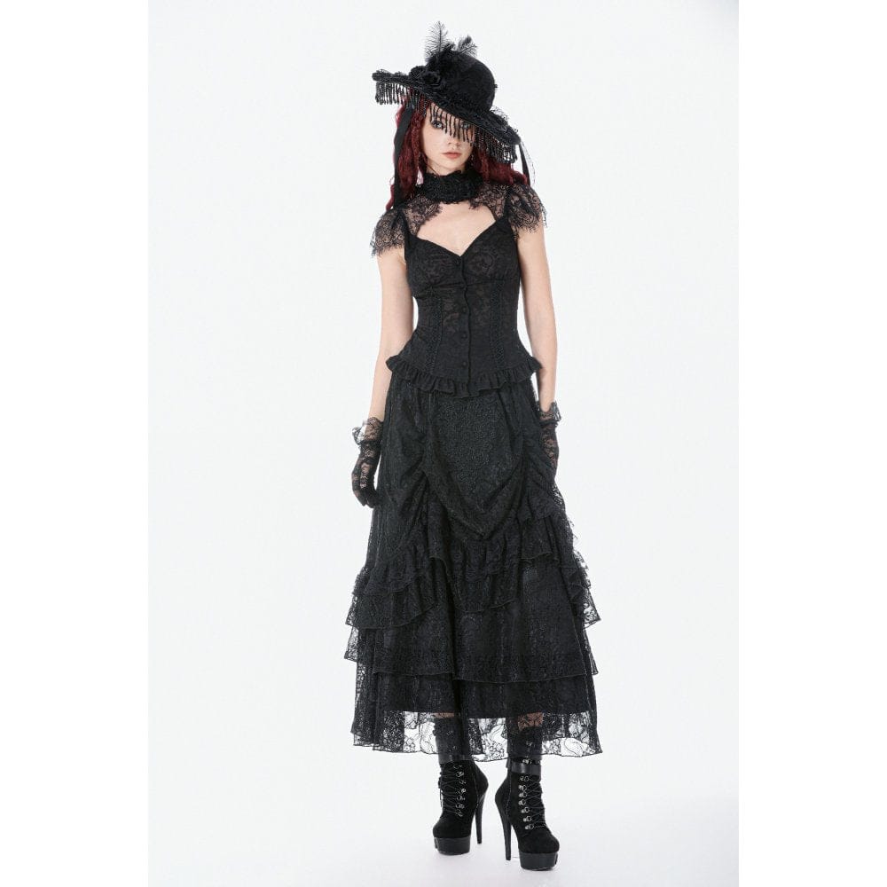 Darkinlove Women's Gothic Lace Layered Ruched Maxi Skirt