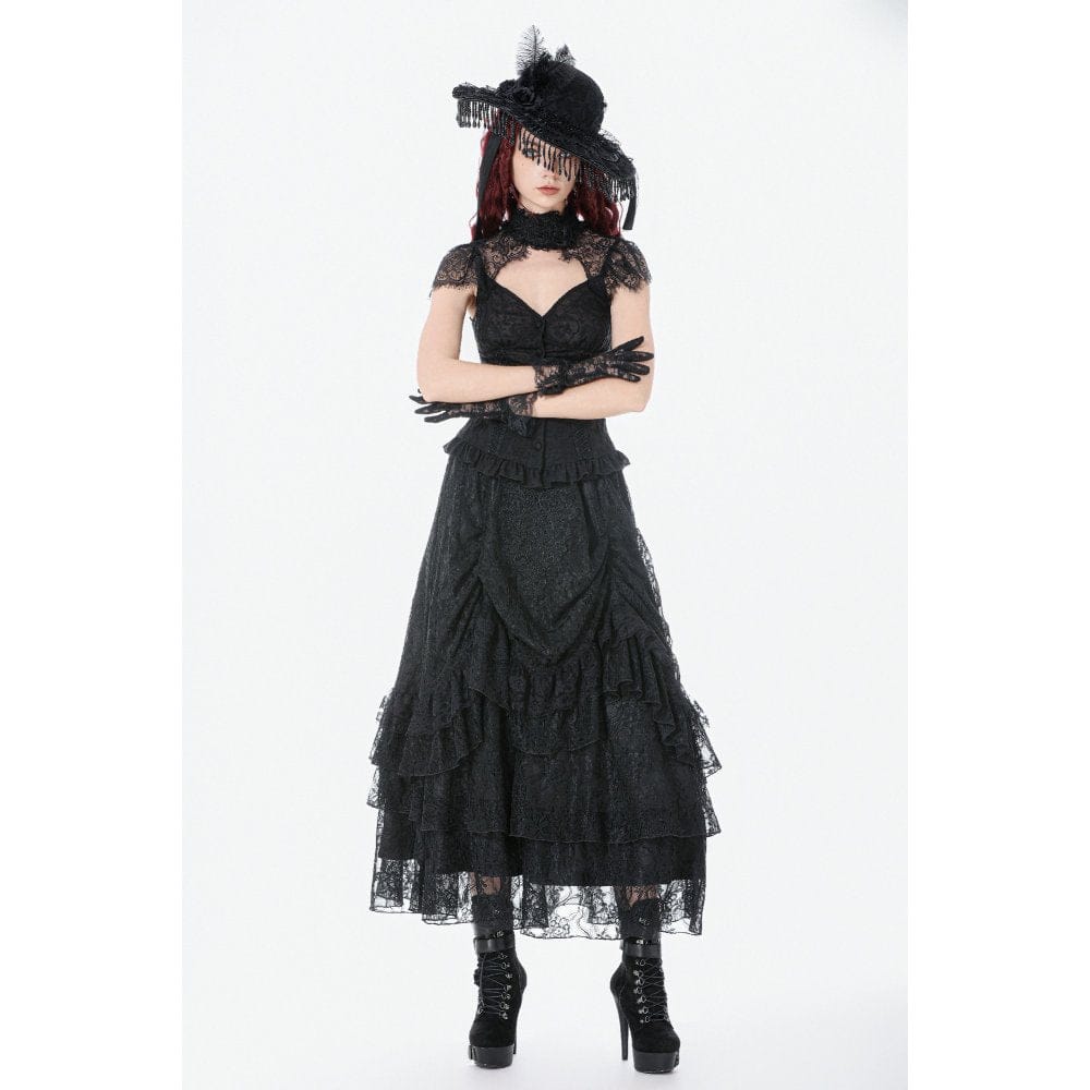 Darkinlove Women's Gothic Lace Layered Ruched Maxi Skirt