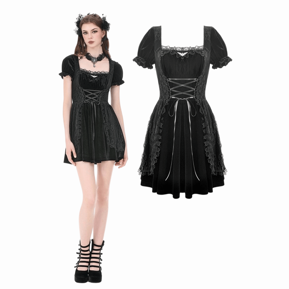 Darkinlove Women's Gothic Lace Patchwork Lace-up Square-cut Collar Dress
