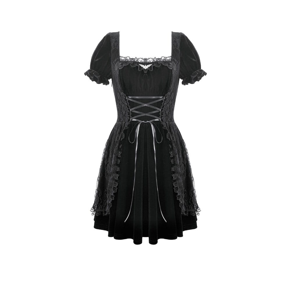 Darkinlove Women's Gothic Lace Patchwork Lace-up Square-cut Collar Dress