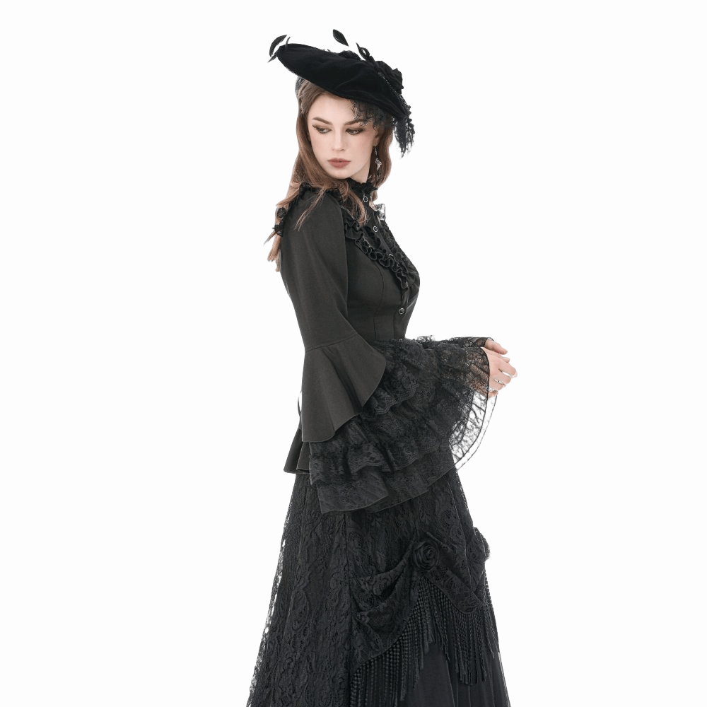 Darkinlove Women's Gothic Lace Patchwork Ruffled Stand Collar Shirt