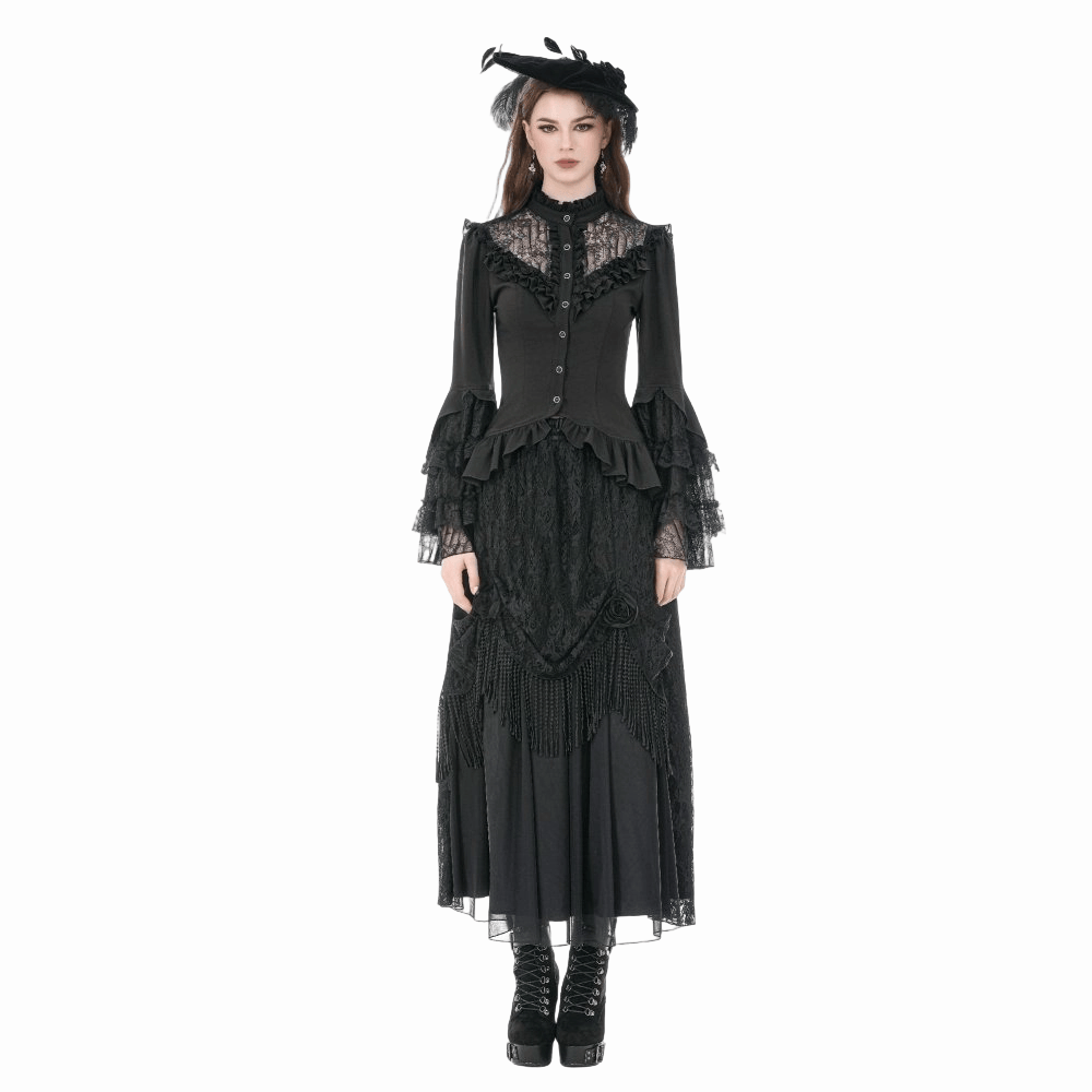 Darkinlove Women's Gothic Lace Patchwork Ruffled Stand Collar Shirt