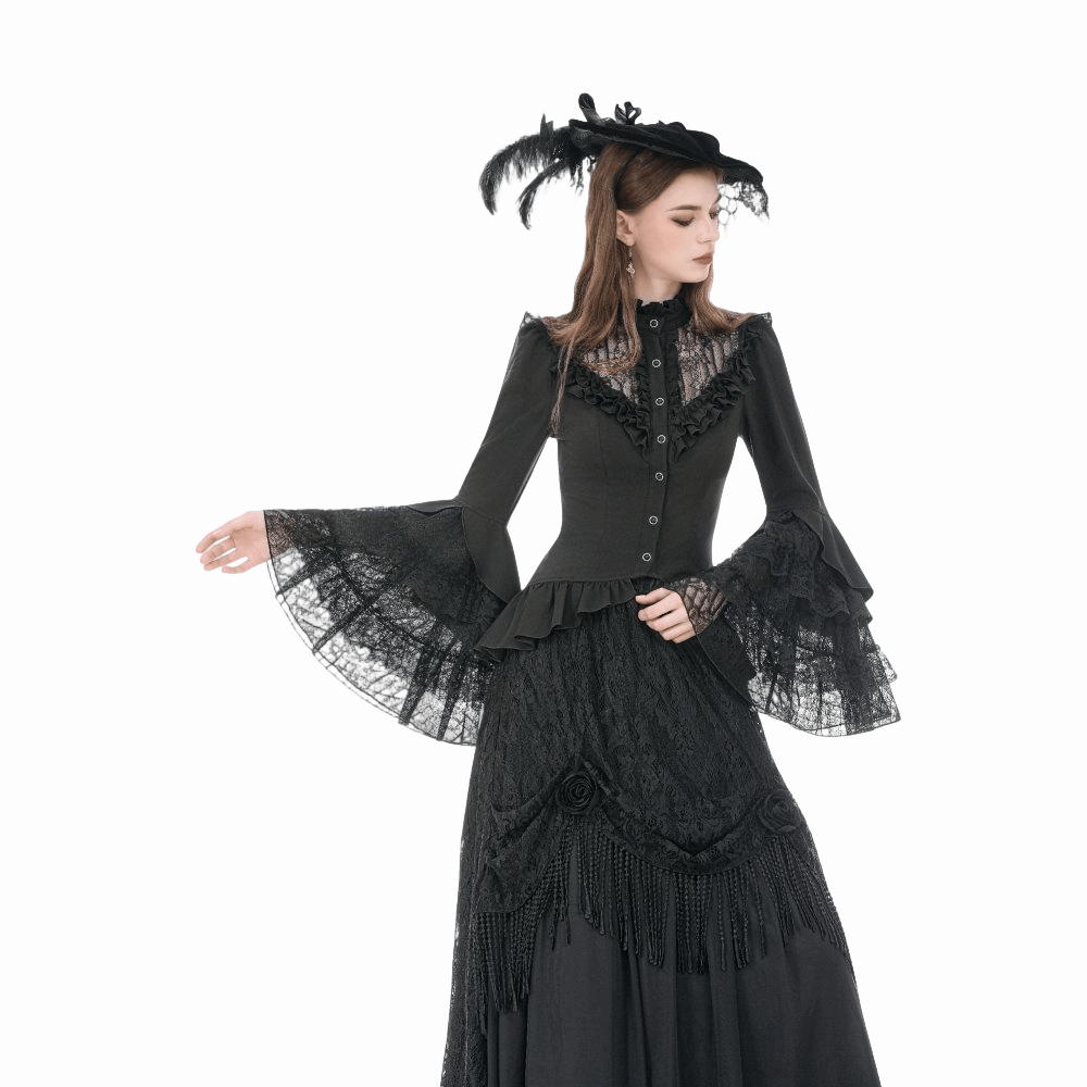 Darkinlove Women's Gothic Lace Patchwork Ruffled Stand Collar Shirt