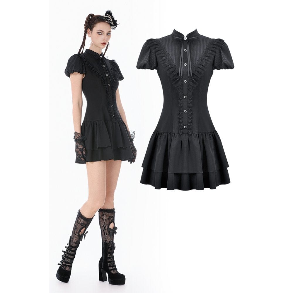 Darkinlove Women's Gothic Lace Pleated Bow-Trim Dress