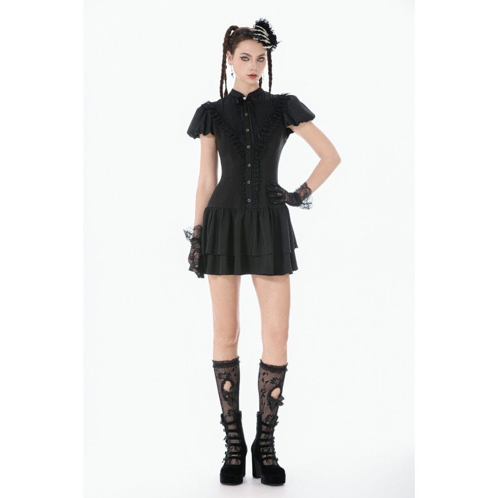 Darkinlove Women's Gothic Lace Pleated Bow-Trim Dress