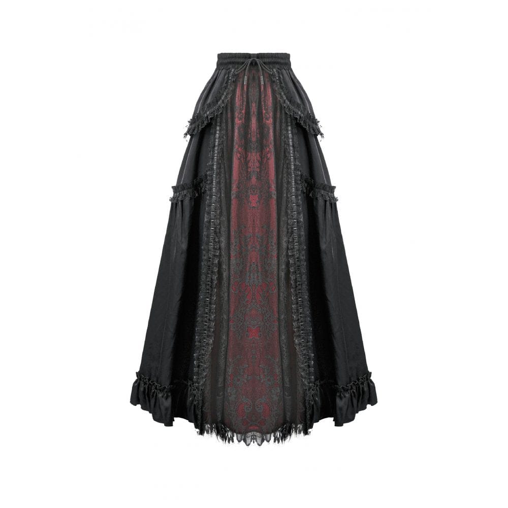 Darkinlove Women's Gothic Lace Ruched Ruffled Maxi Skirt Black-Red