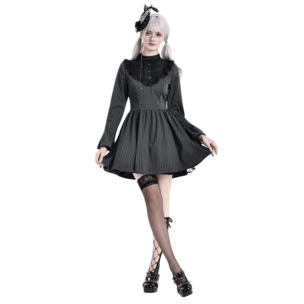 Darkinlove Women's Gothic Lace Ruffle Mock Neck Pinstripe Long Sleeve Flare Short Dress