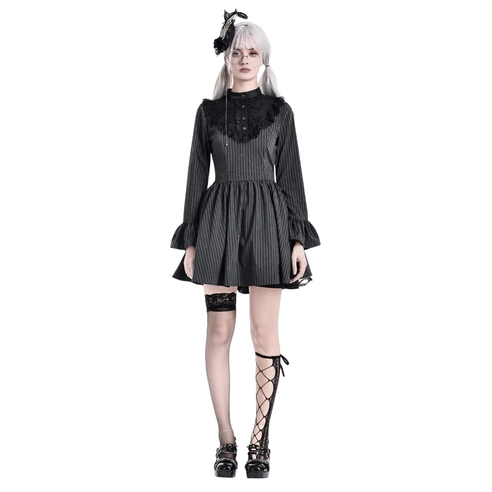 Darkinlove Women's Gothic Lace Ruffle Mock Neck Pinstripe Long Sleeve Flare Short Dress