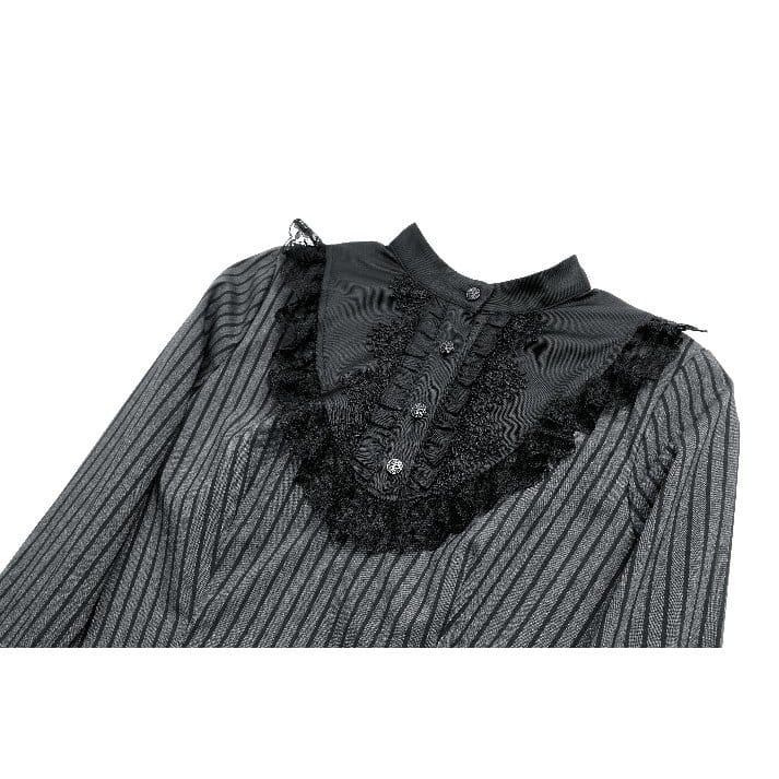 Darkinlove Women's Gothic Lace Ruffle Mock Neck Pinstripe Long Sleeve Flare Short Dress