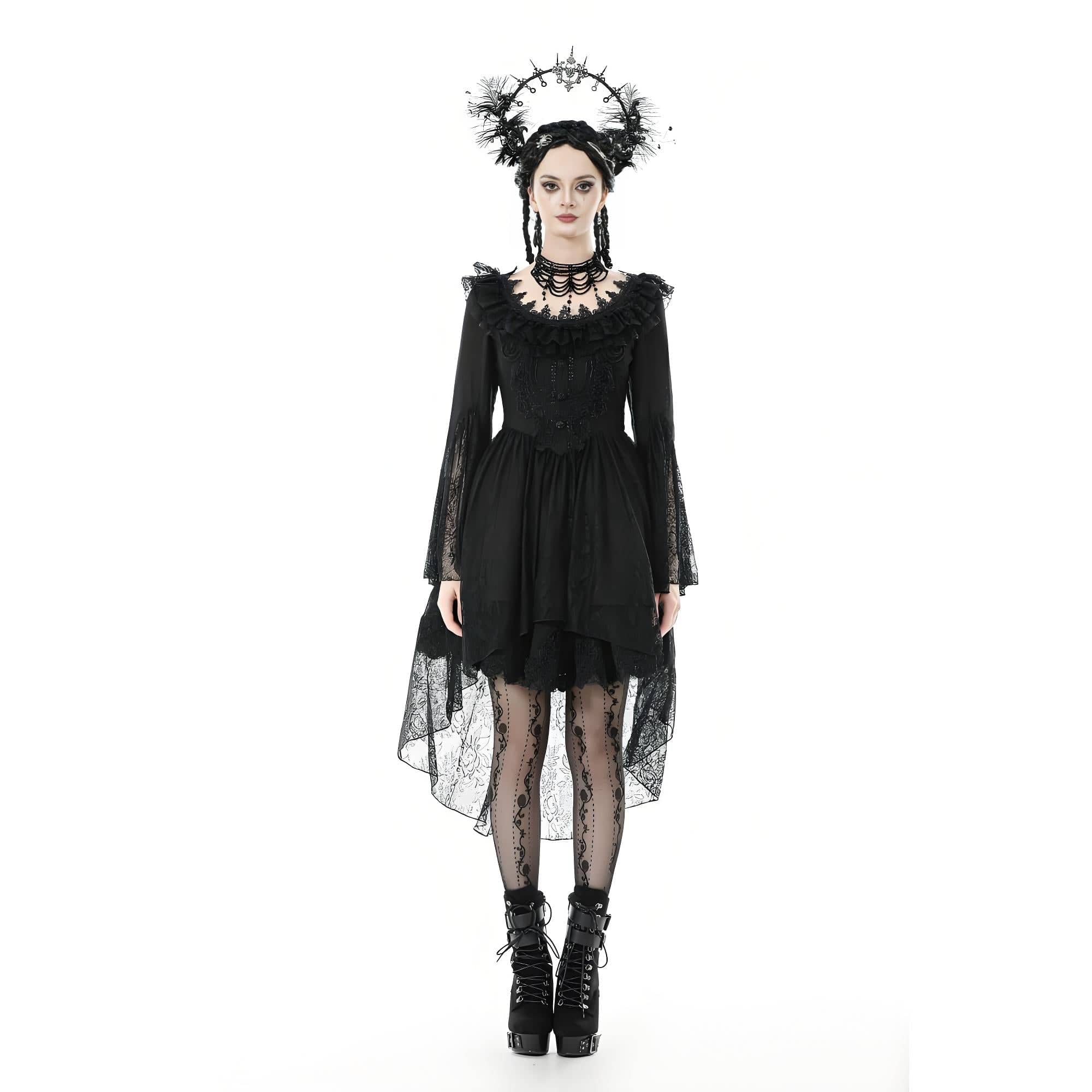 Darkinlove Women's Gothic Lace Ruffled Collar Flared Sleeved Dress