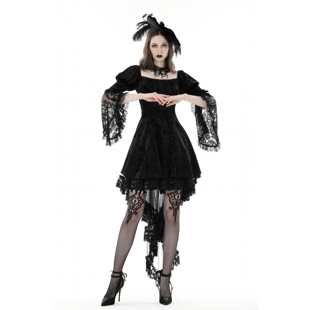 Darkinlove Women's Gothic Lace Sleeved Velvet Dress