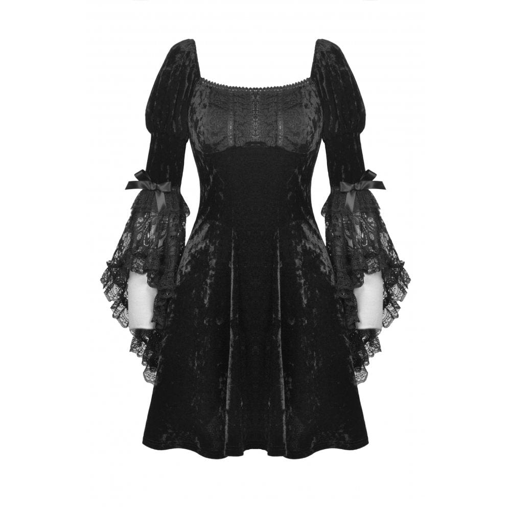 Darkinlove Women's Gothic Lace Sleeved Velvet Dress