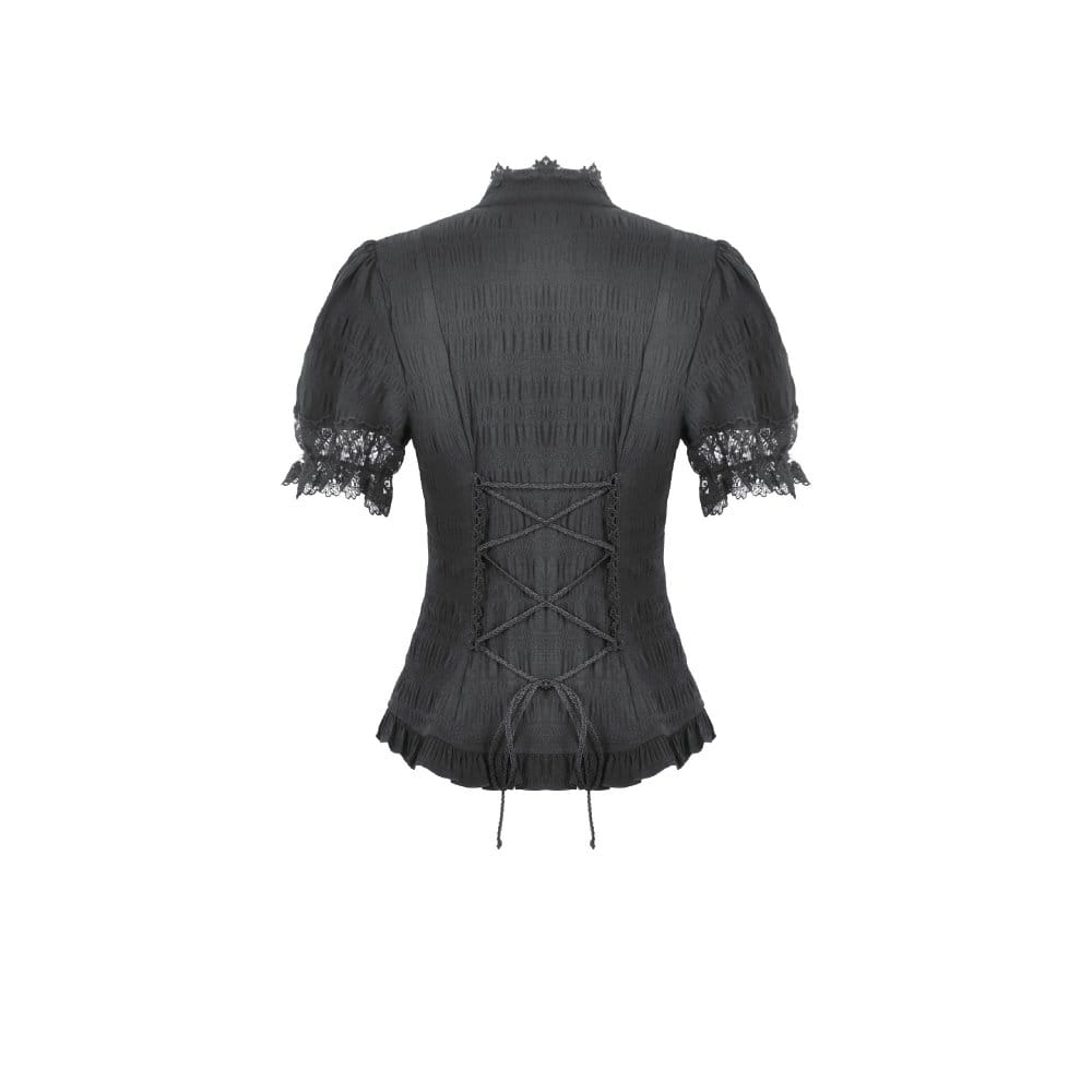 Darkinlove Women's Gothic Lace Splice Lace-up Shirt with Detachable Bowknot