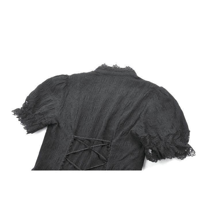 Darkinlove Women's Gothic Lace Splice Lace-up Shirt with Detachable Bowknot