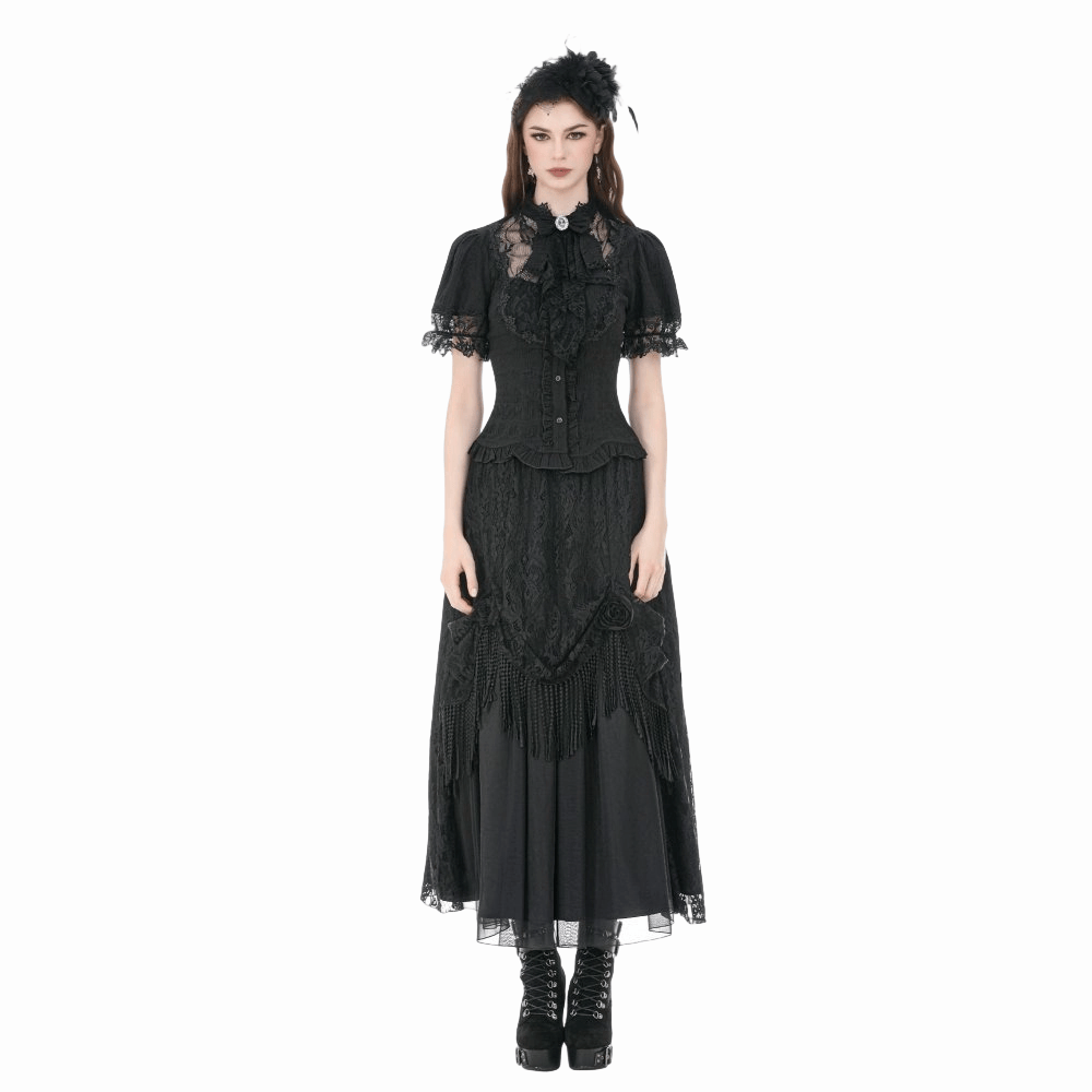 Darkinlove Women's Gothic Lace Splice Lace-up Shirt with Detachable Bowknot