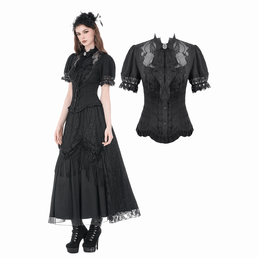 Darkinlove Women's Gothic Lace Splice Lace-up Shirt with Detachable Bowknot