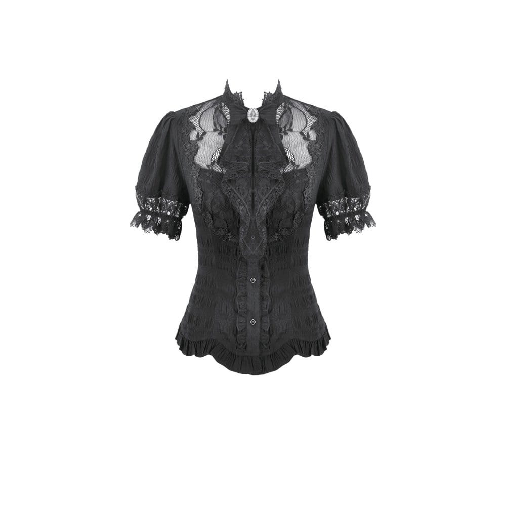 Darkinlove Women's Gothic Lace Splice Lace-up Shirt with Detachable Bowknot