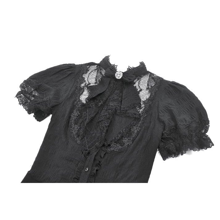 Darkinlove Women's Gothic Lace Splice Lace-up Shirt with Detachable Bowknot