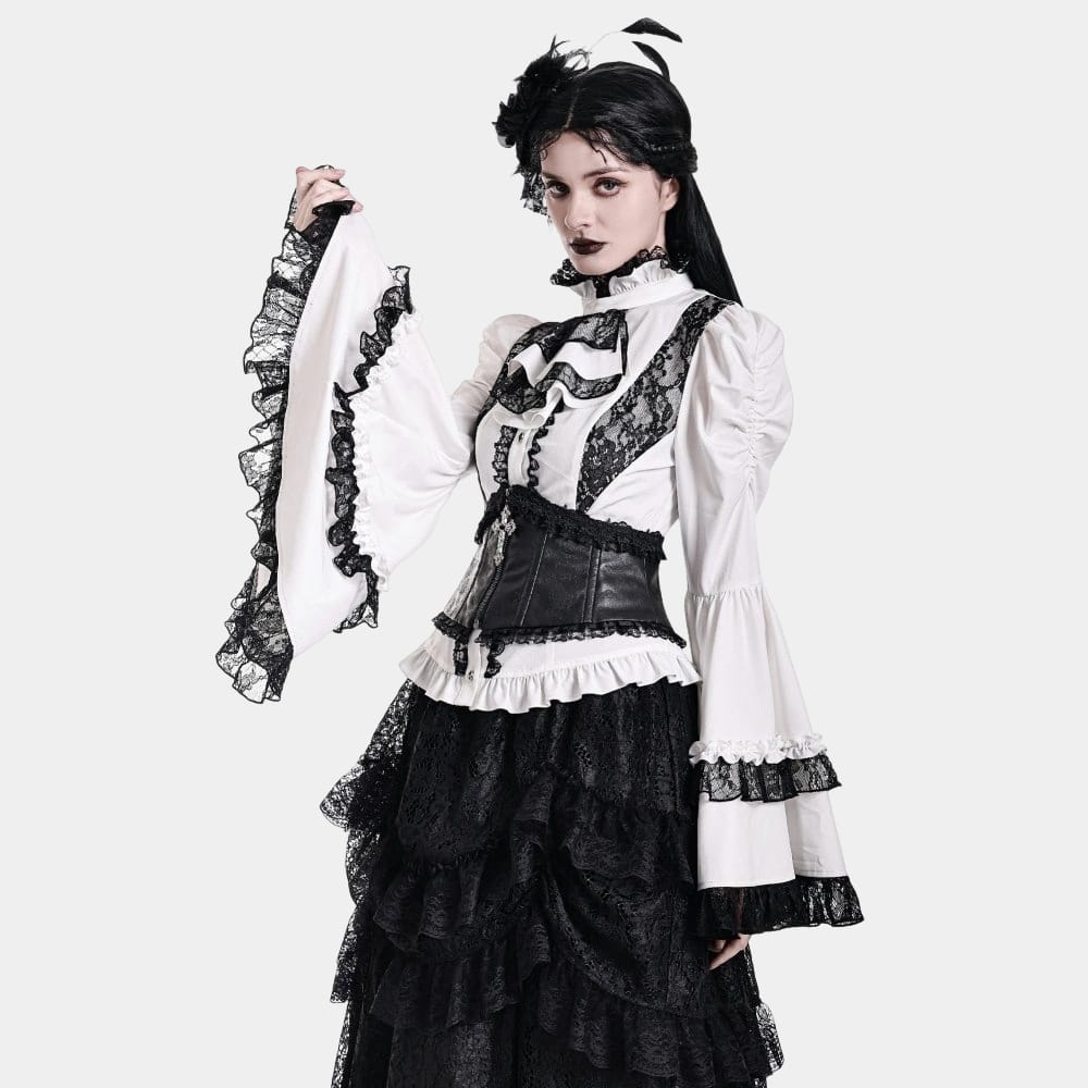 Darkinlove Women's Gothic Lace Splice Ruffle Contrast Color Bell Sleeve Blouse with Detachable Neck Tie