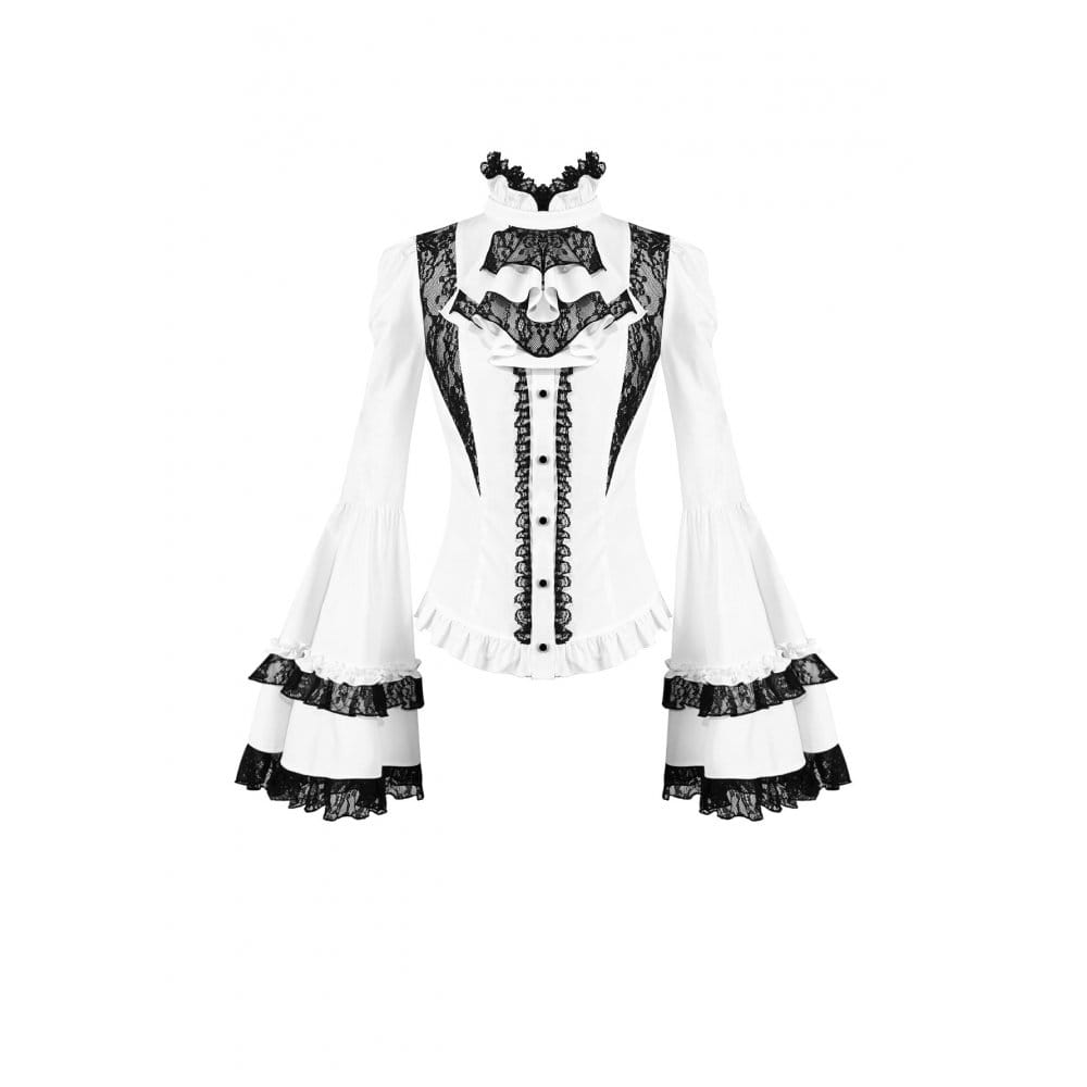 Darkinlove Women's Gothic Lace Splice Ruffle Contrast Color Bell Sleeve Blouse with Detachable Neck Tie