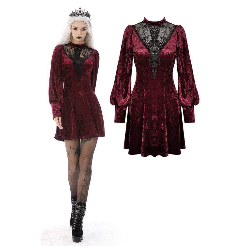 Darkinlove Women's Gothic Lace Splice Velvet Dress