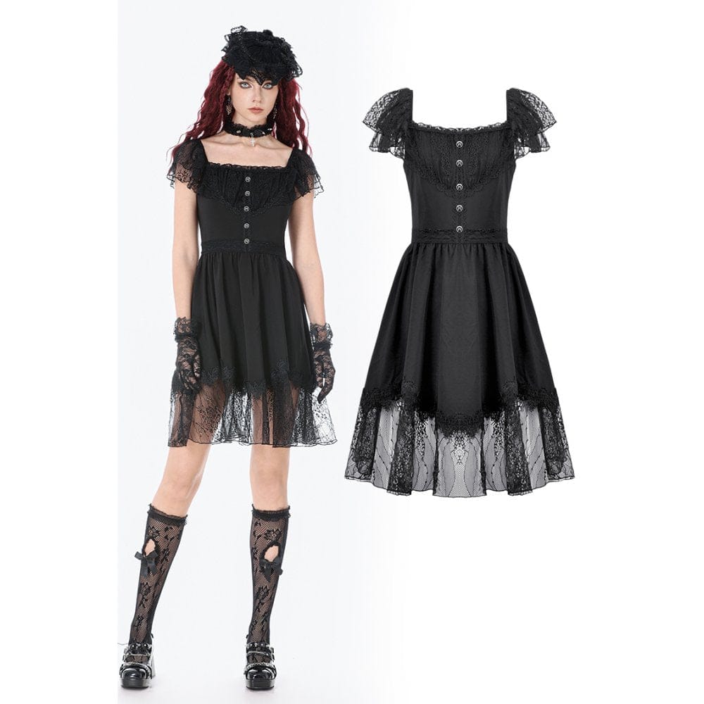 Darkinlove Women's Gothic Lace Square-cut Collar Dress