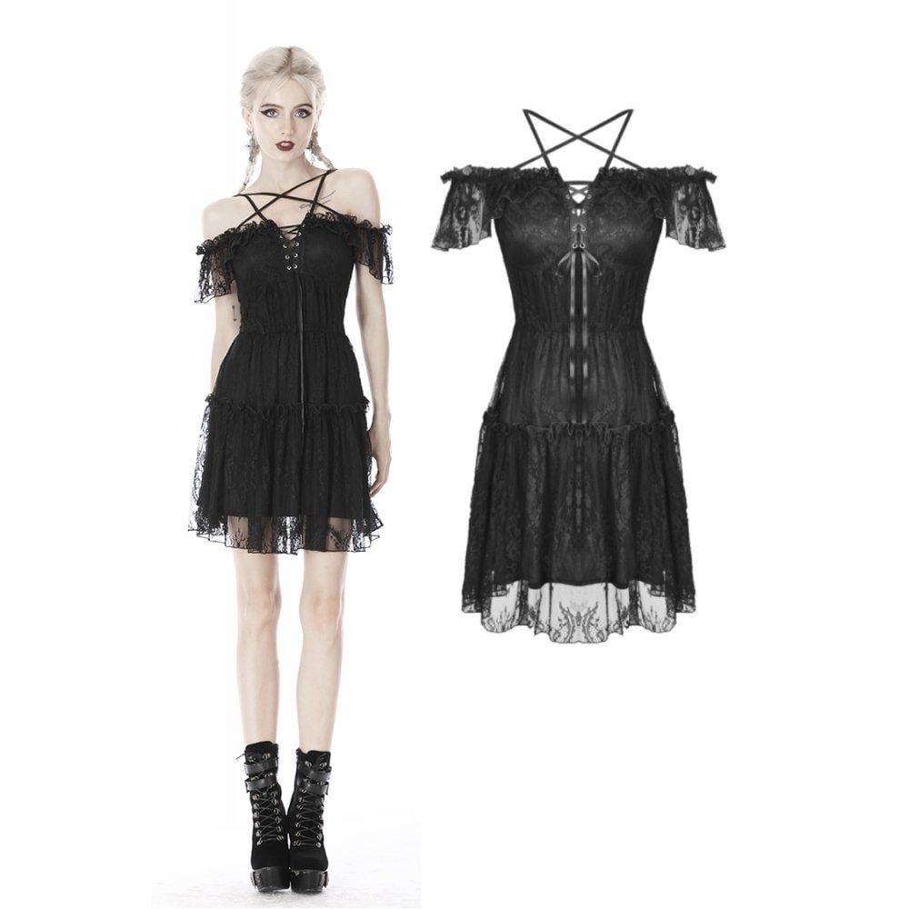 Darkinlove Women's Gothic Lace Star-line Chest Short Sleeved Lace Dresses