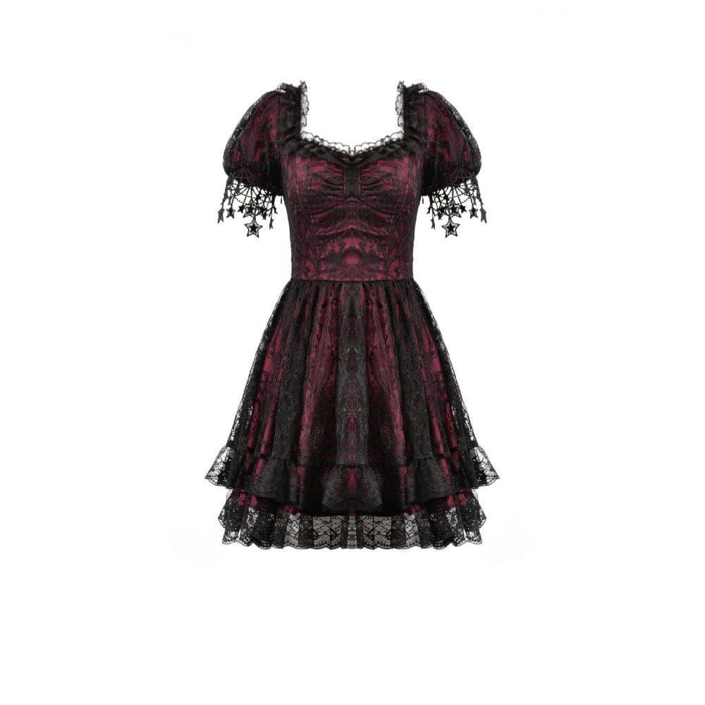 Darkinlove Women's Gothic Lace Star Square-cut Collar Short Sleeved Dress