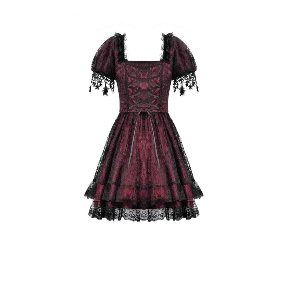 Darkinlove Women's Gothic Lace Star Square-cut Collar Short Sleeved Dress