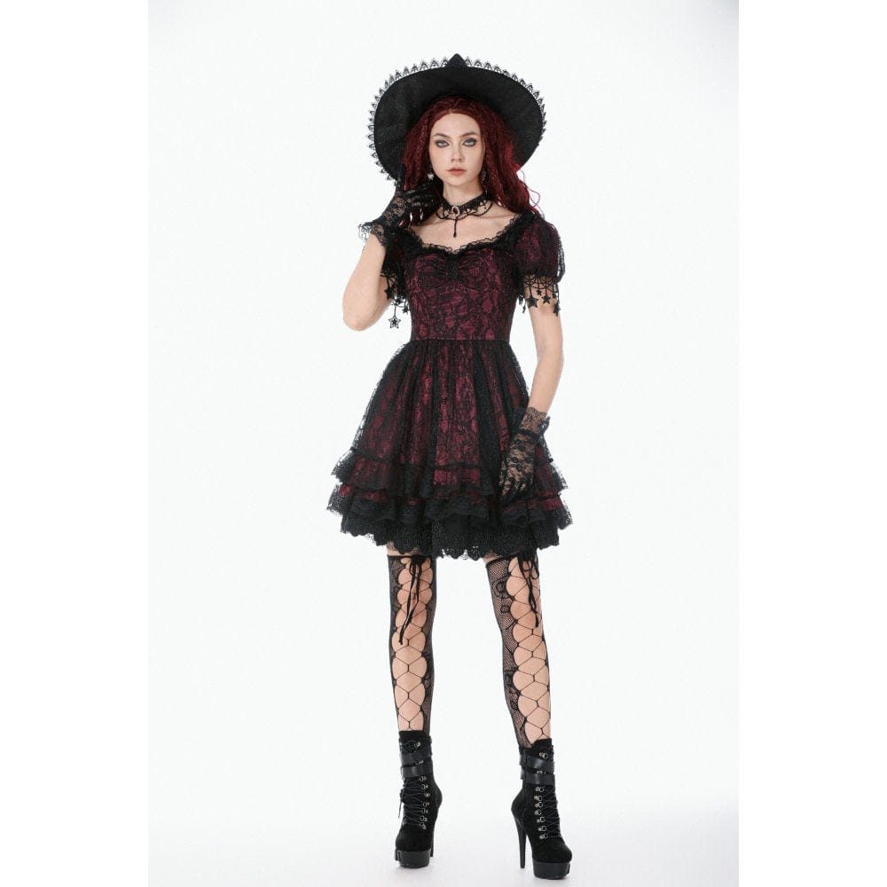 Darkinlove Women's Gothic Lace Star Square-cut Collar Short Sleeved Dress