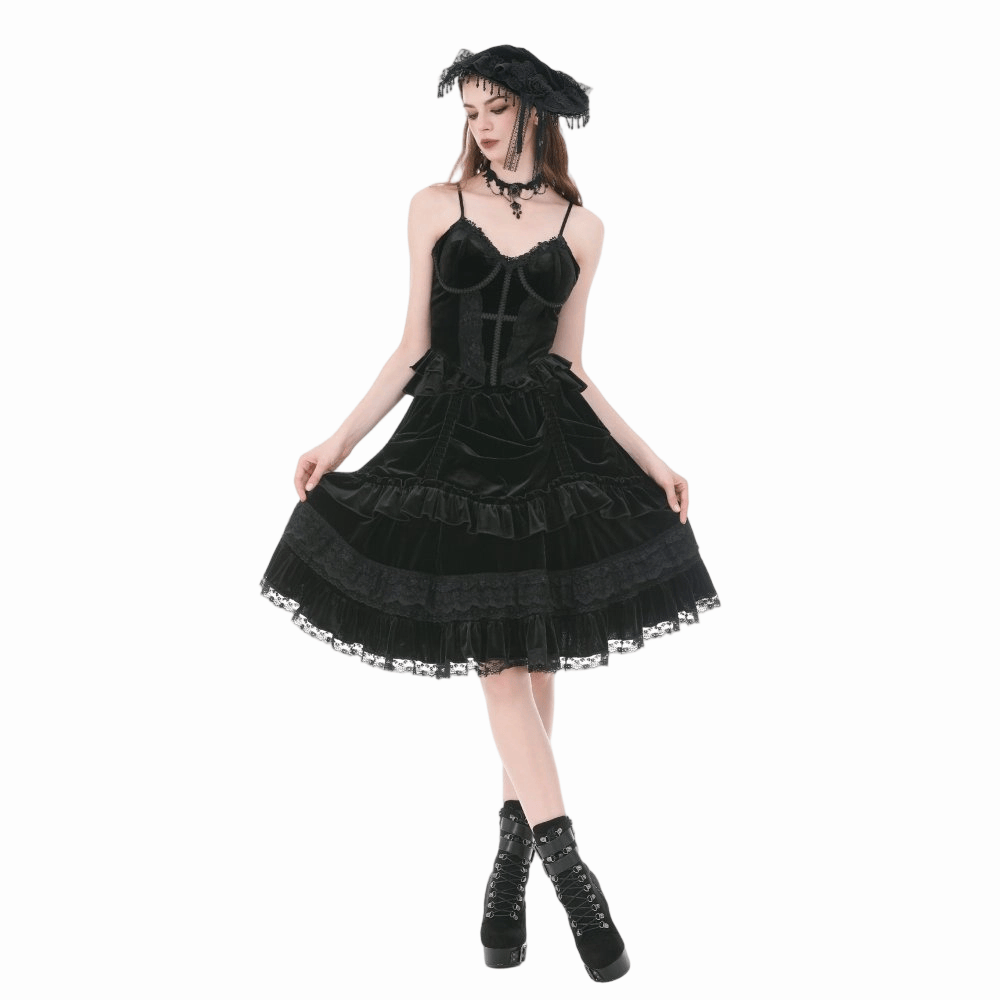 Darkinlove Women's Gothic Lace Trims Ruffled Layered Velvet Skirt
