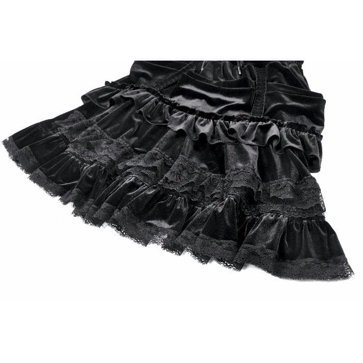 Darkinlove Women's Gothic Lace Trims Ruffled Layered Velvet Skirt