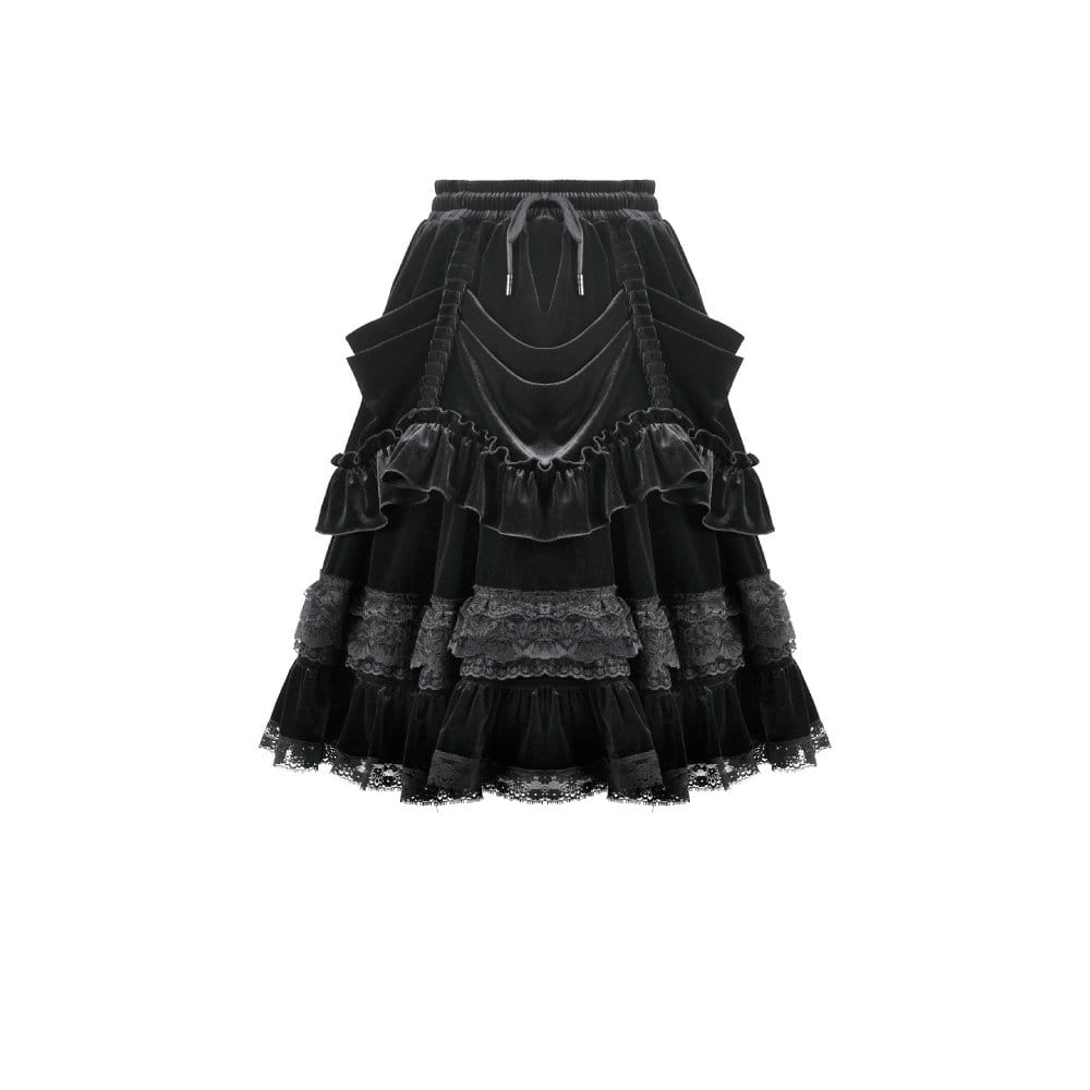 Darkinlove Women's Gothic Lace Trims Ruffled Layered Velvet Skirt